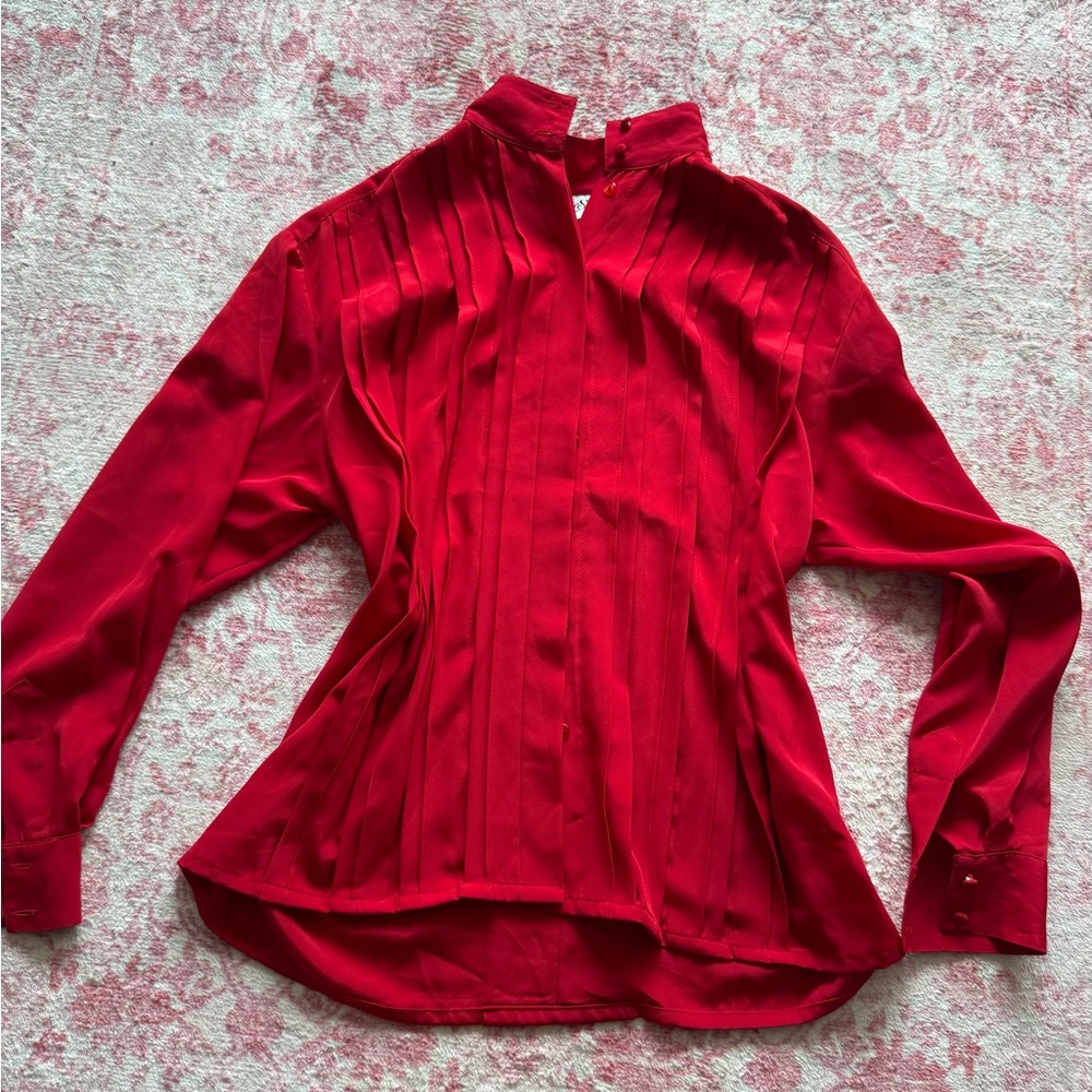 Yves St. Clair Red Pleated Button-Down Blouse